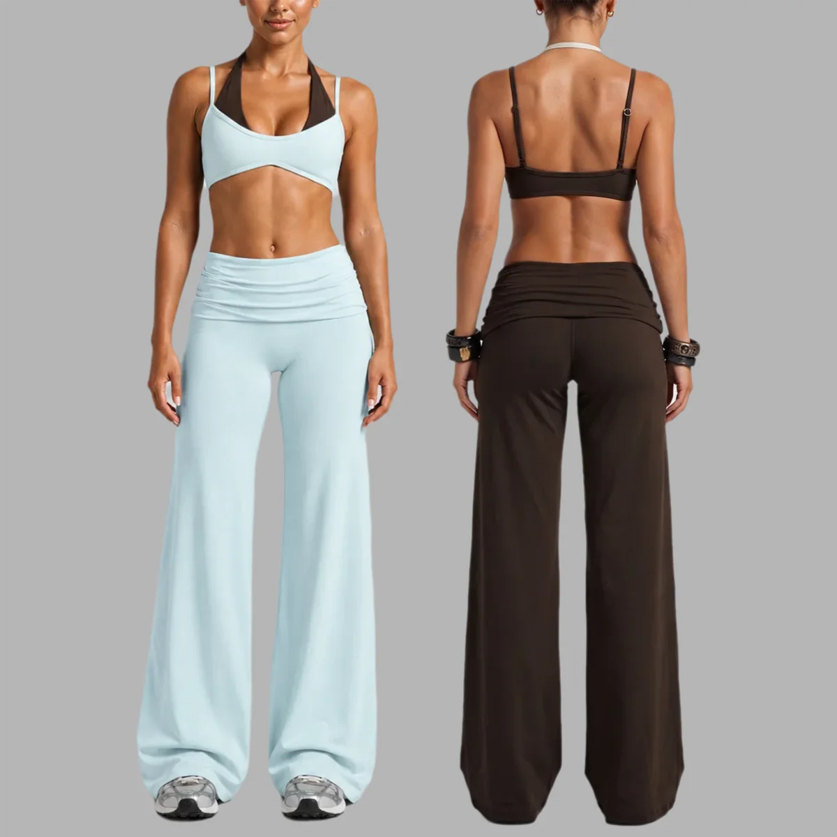 Yoga Set Halter Fake Two Piece Adjustable Straps Sport Bra Quick Dry Running Gym Workout Long Pants Suit Women Fitness