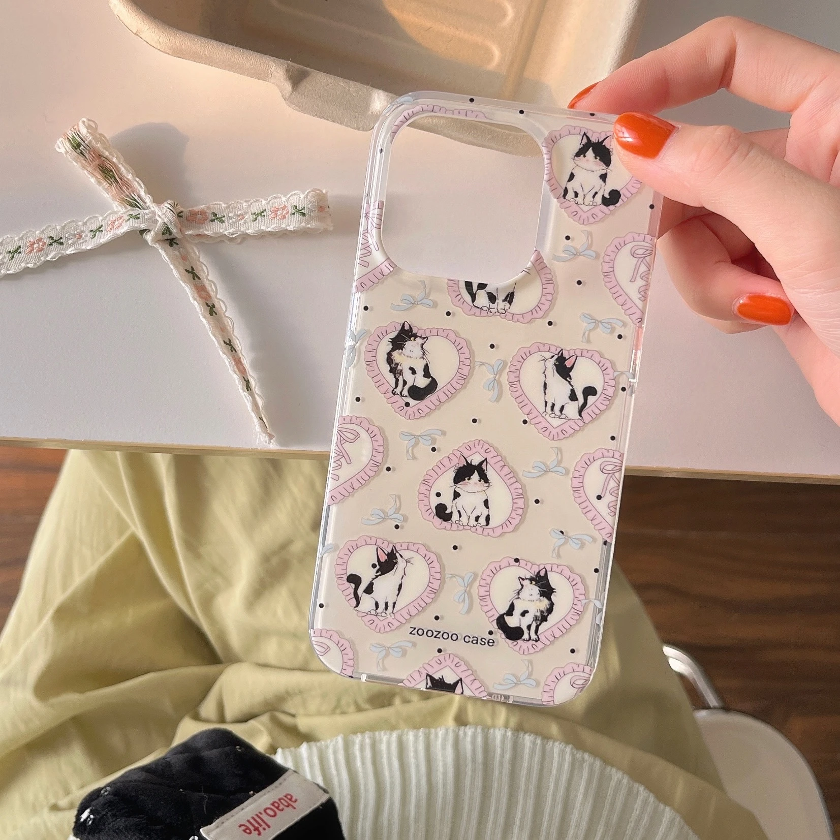 Korean Ins Heart & Cats Pink Double Layers IMD Chic Case for iPhone 15 14 13 Pro Max Plus Back Phone Cover for 12 11 Pro Max