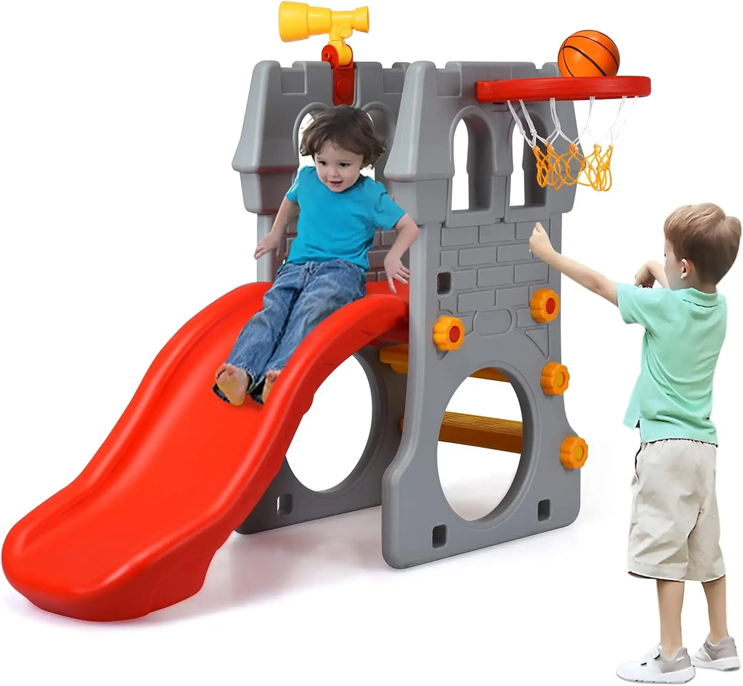 Toddler Slide Playground Climber Set, 5 in 1 Slide for Kids with Basketball Hoop, Telescope, Crawl Through Space, Easy Climb Sta