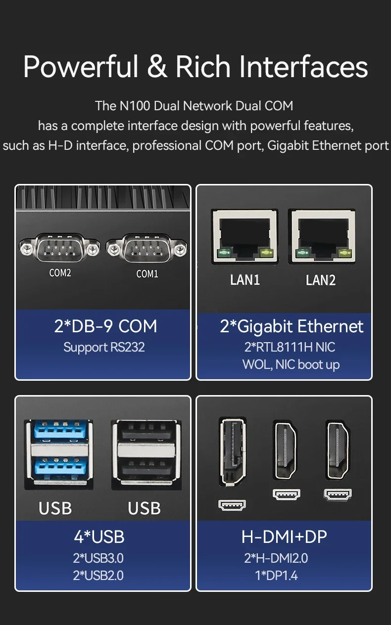 XCY 2LAN2COM Industrial Mini PC with Inter N100 Prosessor DDR4 16Gb 512Gb SSD Support WIN10/11 LINUX Router Desktop Computer