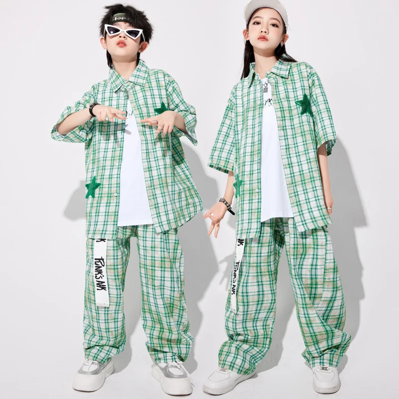 Jungen Hip Hop Grün Kariertes Hemd Street Dance Hosen Mädchen Süße K-pop Bluse Kinder Streetwear Kid Jazz Kostüm Kleidung set