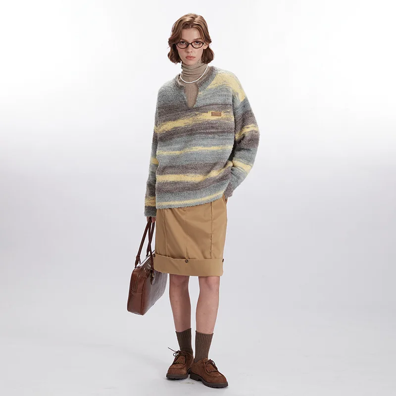 Col en v dégradé conception rayé chandails ample casual automne hiver tricoté pulls coréen à manches longues mode femmes tricots