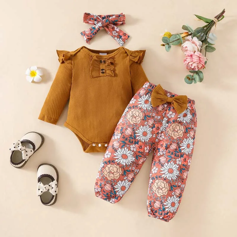 

Newborn Baby Girl 3Pcs Set Clothes 0-18 Months Solid Color Long Sleeves Pit-Striped Jumpsuits Printed Pants Hairband Romperbo