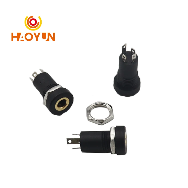 Dudukan Panel hitam 4 tiang soket Audio 3.5mm, soket Headphone PJ-392A 3.5mm berlapis emas dengan mur