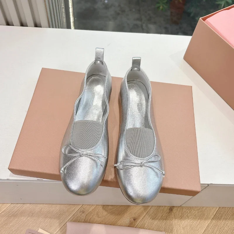 

Round Toe Elastic Band Flats Ballet Shoes Women Brand Designer Bowknot Comfort Boat Shoes Elegant Slip-on Shoes Female 2025