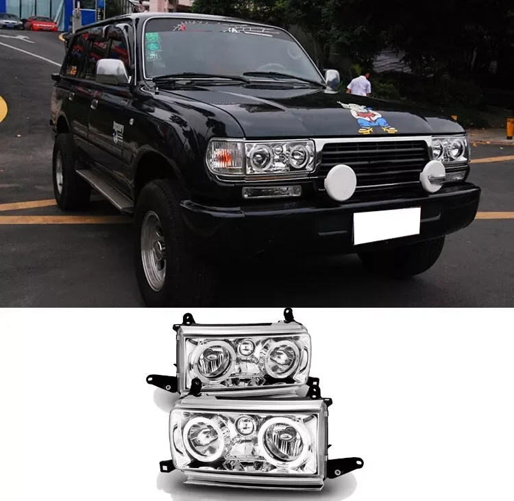 [LED Halo] Fit For Toyota Land Cruiser 80 1991 1992 1993 1994 1995 1996 1990-1997 Chrome Headlights 1 Pair