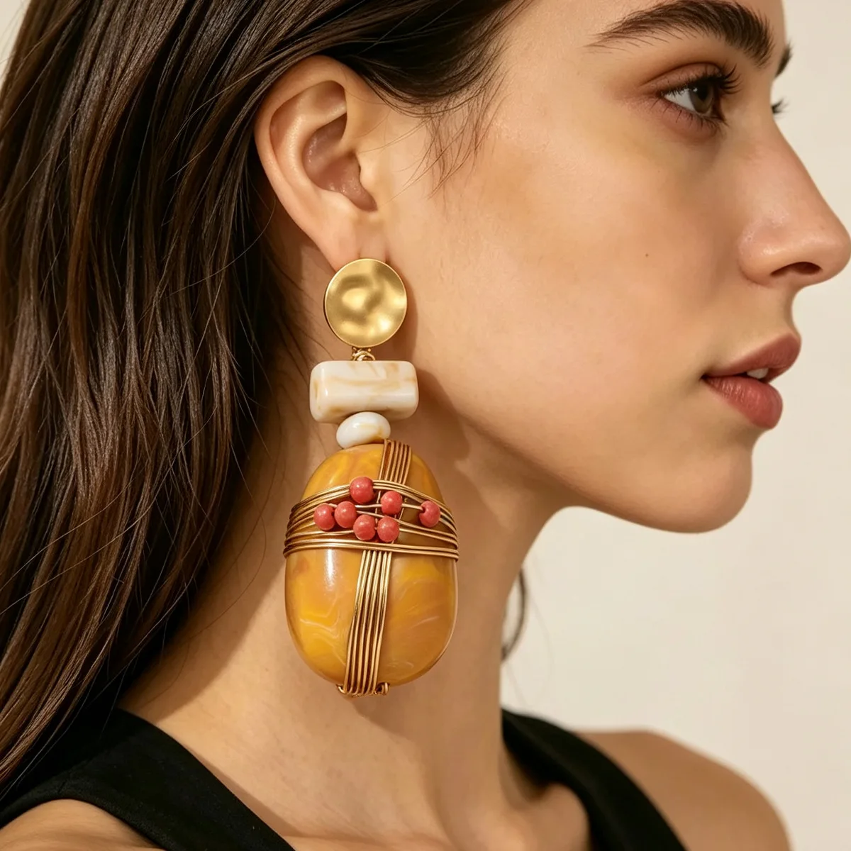 Vintage geometric earrings warm yellow amber hand-wound orange red beads light luxury niche medium antique earrings