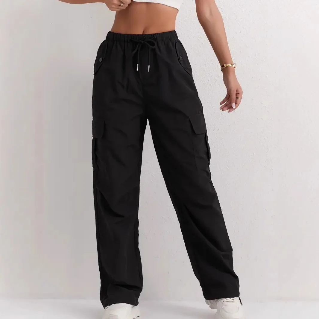 Damen-Cargohose im amerikanischen Stil mit Kordelzug, elastischer Taille, lässig, hohe Taille, drapiert, schnell trocknend, Jogginghose mit weitem Bein