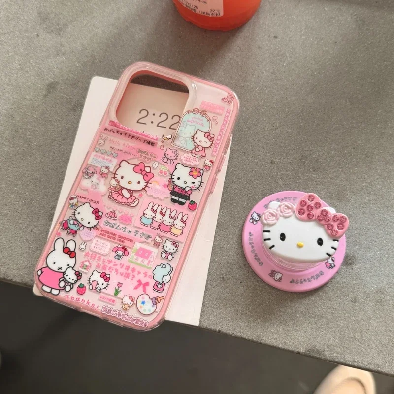 Cute Cartoon Sanrio Hello Kitty Magnetic Grip Holder Magsafe Wireless Charge Phone Case For iPhone 16 15 14 13 12 Pro Max Cover