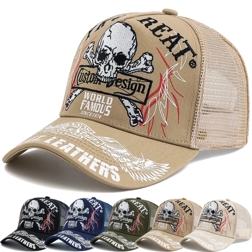 Nueva gorra unisex estilo punk con bordado de calavera, gorra trucker de malla transpirable para hombre y mujer, gorra de béisbol para motociclistas y actividades al aire libre.