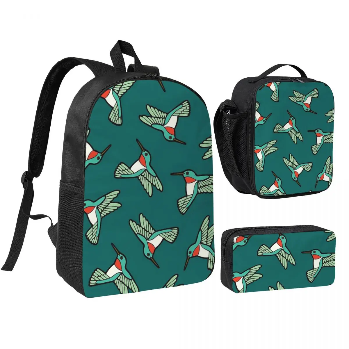 

Hummingbird Pattern Backpack Student BookBag School Bag Shoulder Bags 3ps Insulated Lunch Bag Pencil Case