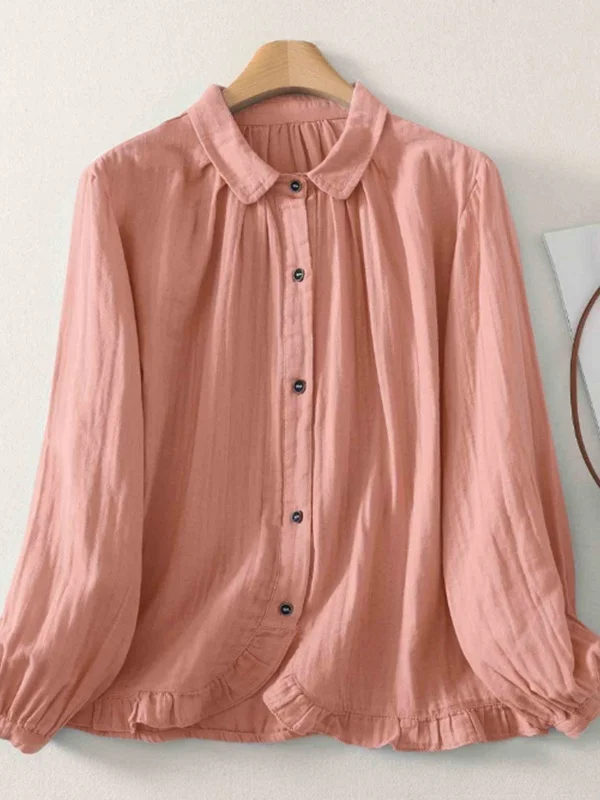 

Spring Artistic Double Layer Cotton irt Loose Long Sve Turn-down Collar Faionable Large Size Women's Top Age-defng