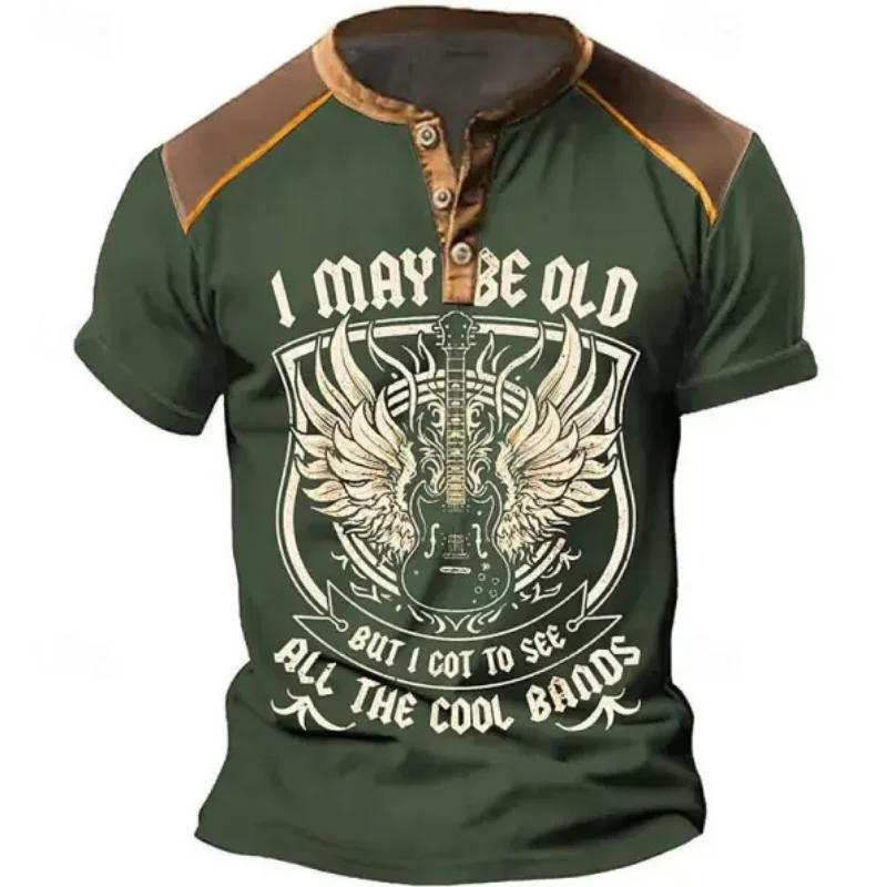 

Summer Men's Trend Henley T-Shirt 3D Print Retro Graphic Button Short Sleeve Tees For Men Loose Outdoor Breathable Quick Dry Top