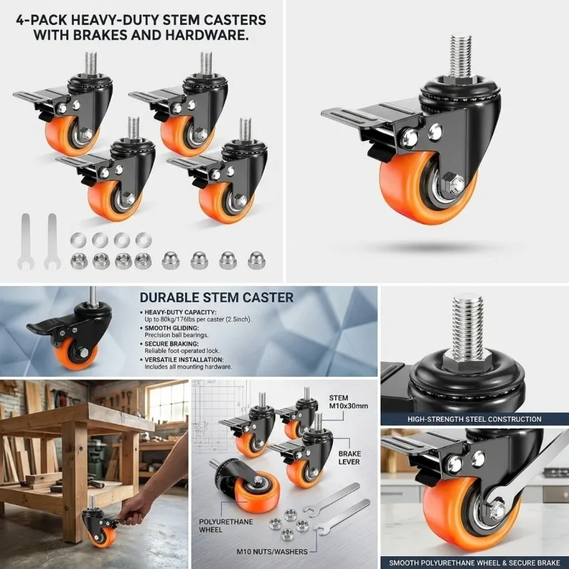 Set of 4 Heavy-Duty Industrial Casters with Brake Locking System – 1.5/2/2.5-Inch Wide Base; Suitable for Furniture, Carts, Workbenches, and Equipment Replacement – ​​Durable Rolling Casters