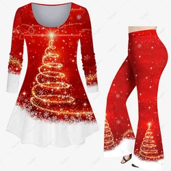 2023 New Women‘s Christmas Tree Snowflake Tree Tie Dye Glitter 3D Print T-shirt T-shirt Or Flare Pants Daily Casual Matching Set