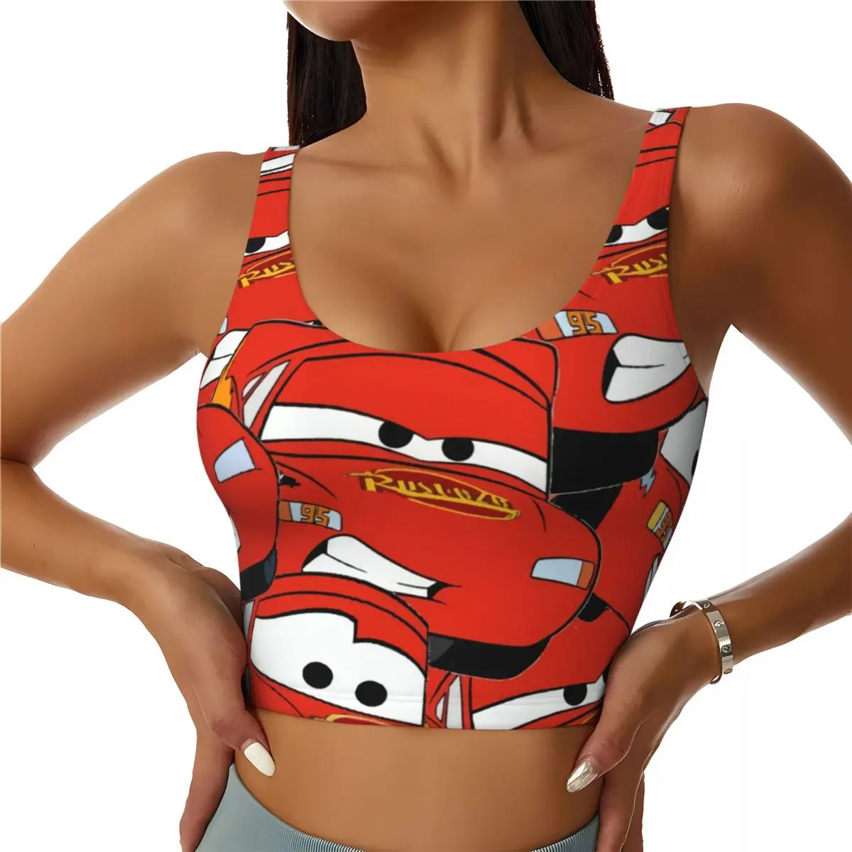 

Custom Lightning McQueen Collage Cartoon Sports Bra Women High Impact Workout Yoga Crop Top