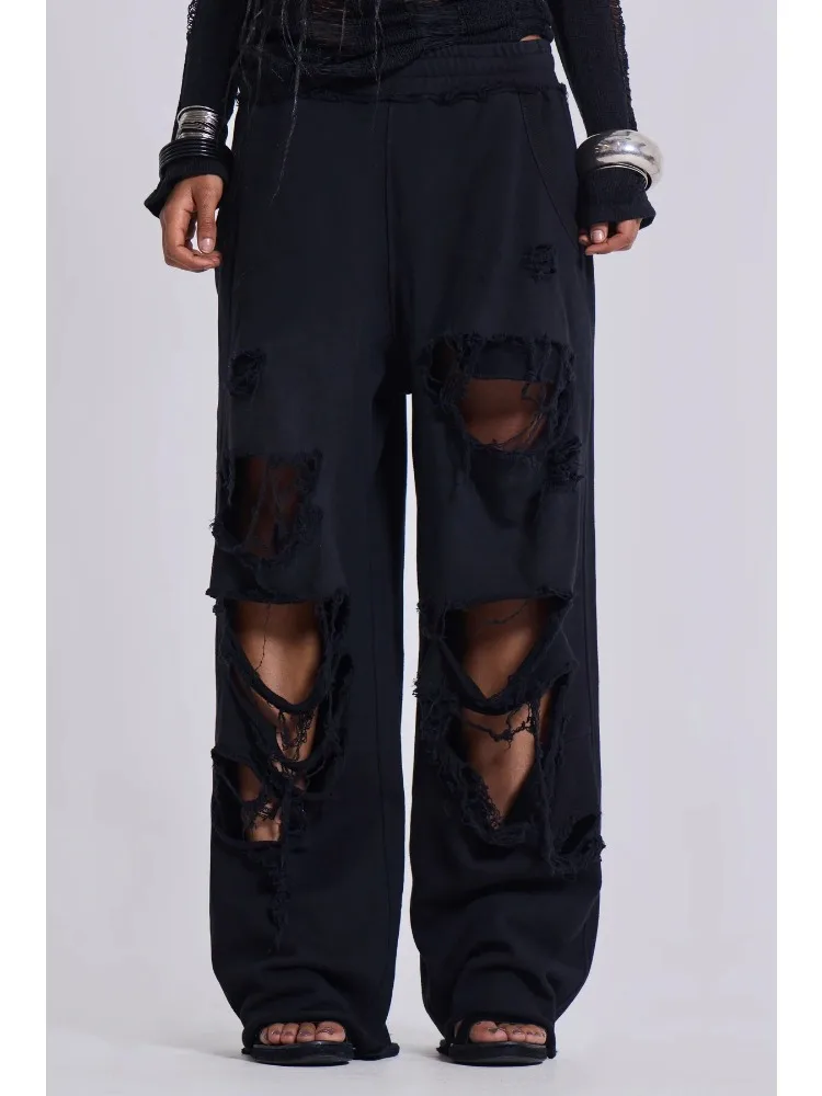 Deeptown Hole Black Women Pants Wide Leg American Retro Hip Hop Solid Sweatpants Distressed Baggy Monster Joggers Streetwear