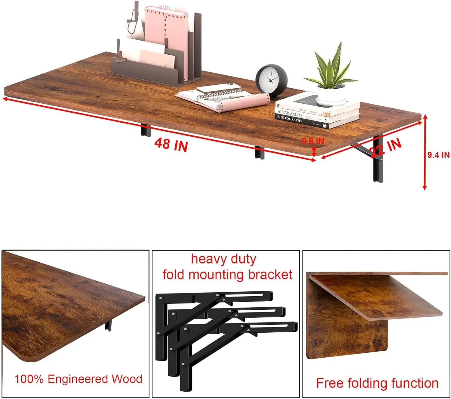 Wall Mounted Folding Desk, Floating Drop Leaf Study Table, Heavy Duty Space Saving Computer Workstation For Small Apartment And Home Office, Rustic Brown Wooden Hanging Table With Solid Metal Brackets