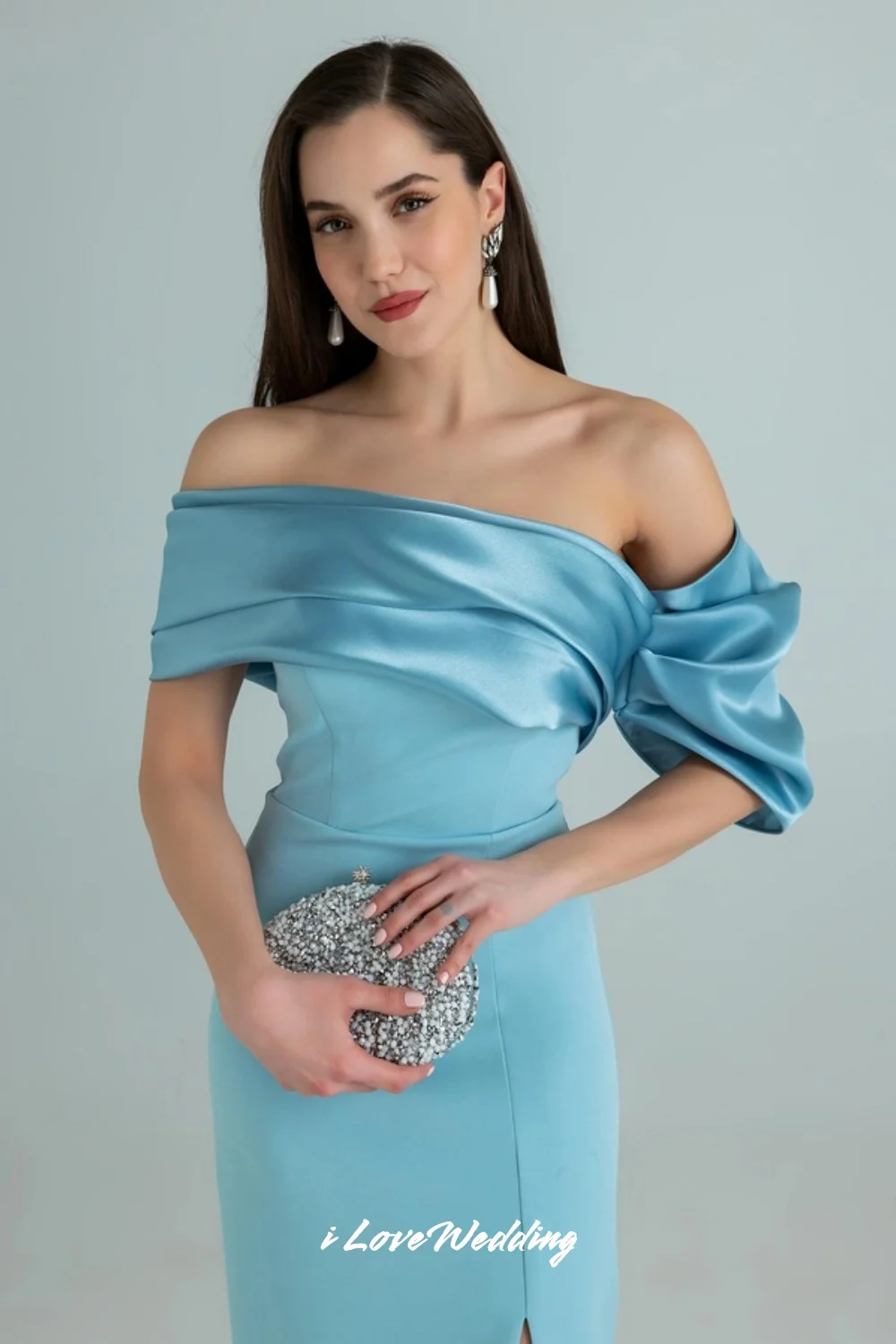 블루 오프숄더 이브닝 드레스 2025 새틴 스트랩리스 플리츠 백리스 머메이드 사이드 슬릿 웨딩 파티 드레스 맞춤 제작