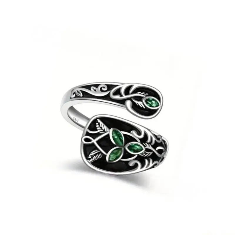 31BF Retro Spoon Designs Adjustable Ring Green Stone Jewelry Nature Inspired Adjustable Vintage Gift Jewelry For Her