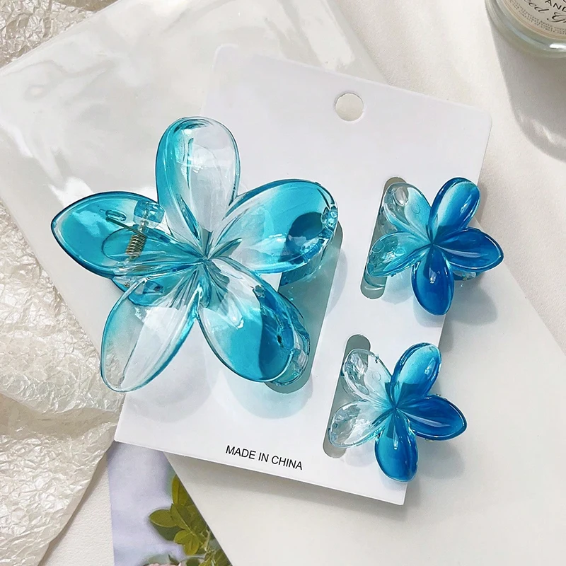 3pcs Shiny Ombre Translucent Blue Frangipani Flower Hair Claws, Big & Small Size, Beachy Spring/Summer Hair Clip Accessories image 5