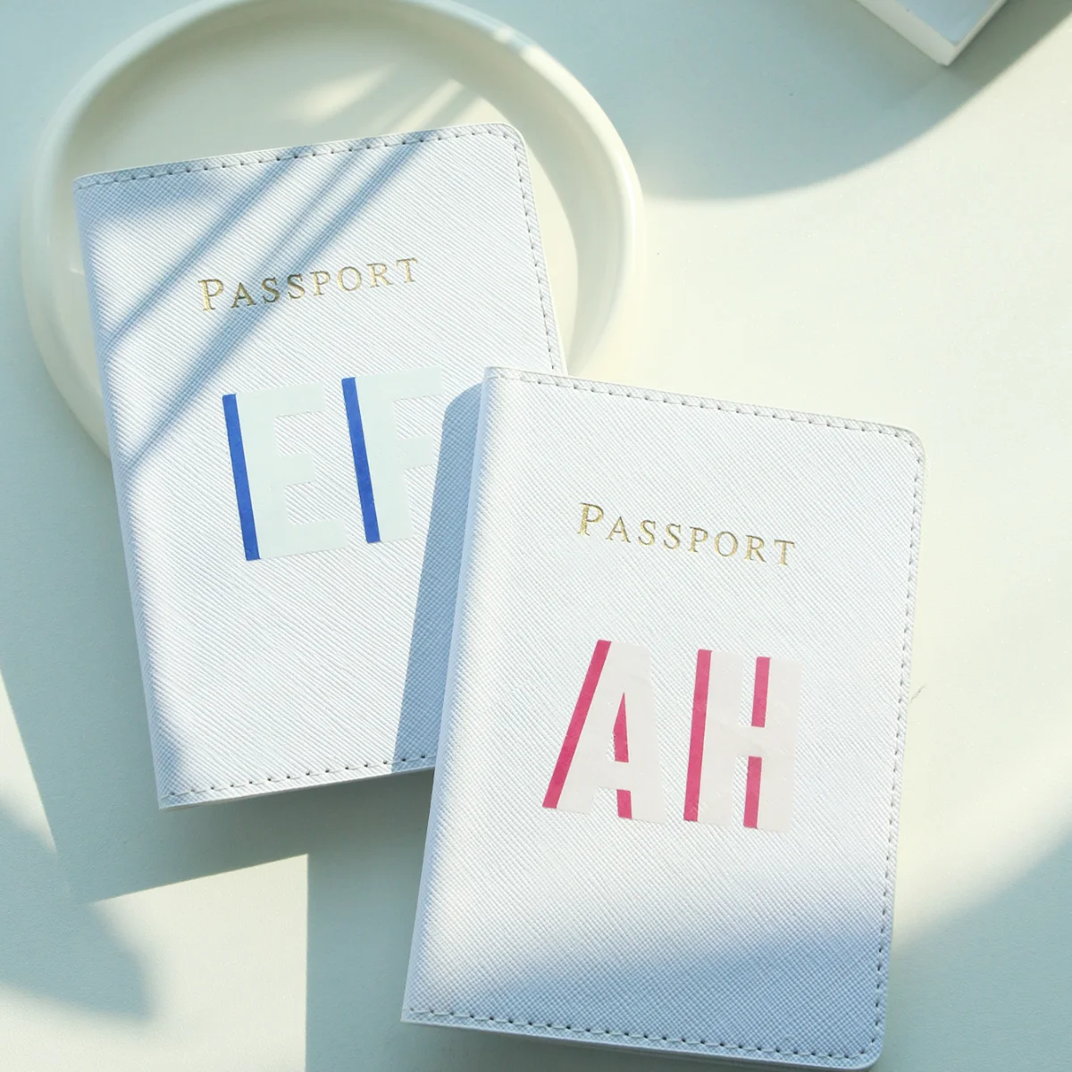 Custom Initials Cross Grain PU Leather Passport Cover Gold PASSPORT Print Multi Card Slots Minimal Modern Travel Document Wallet