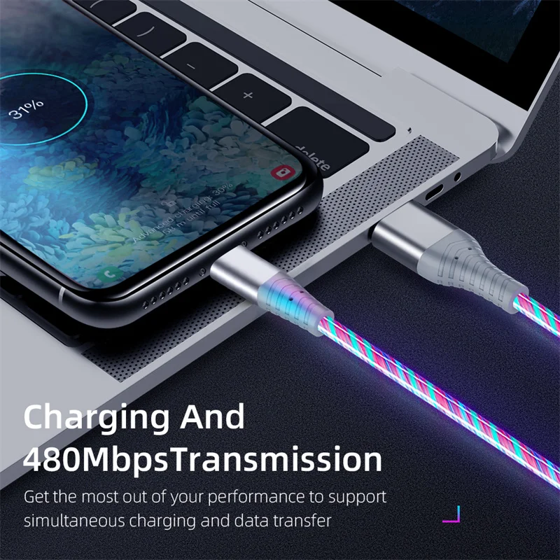 3A تدفق مضيئة USB C كابل LED كابل مايكرو USB نوع C شاحن سلك الحبل شحن سريع لسامسونج آيفون 13 12 برو شاومي