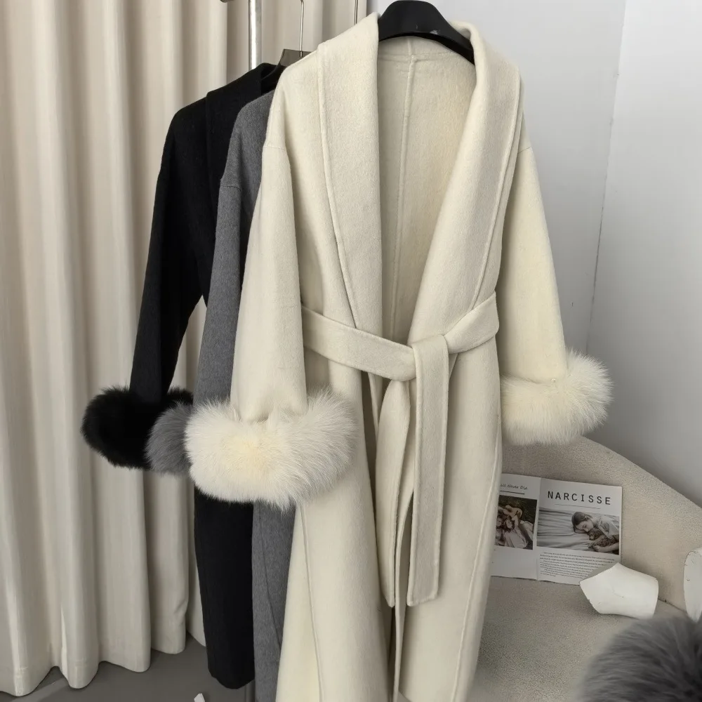 معطف نسائي من الصوف الخالص عالي الجودة على الوجهين مع فرو حقيقي، حزام، أصفاد قابلة للفصل، فرو الثعلب، سترة كشمير أنيقة