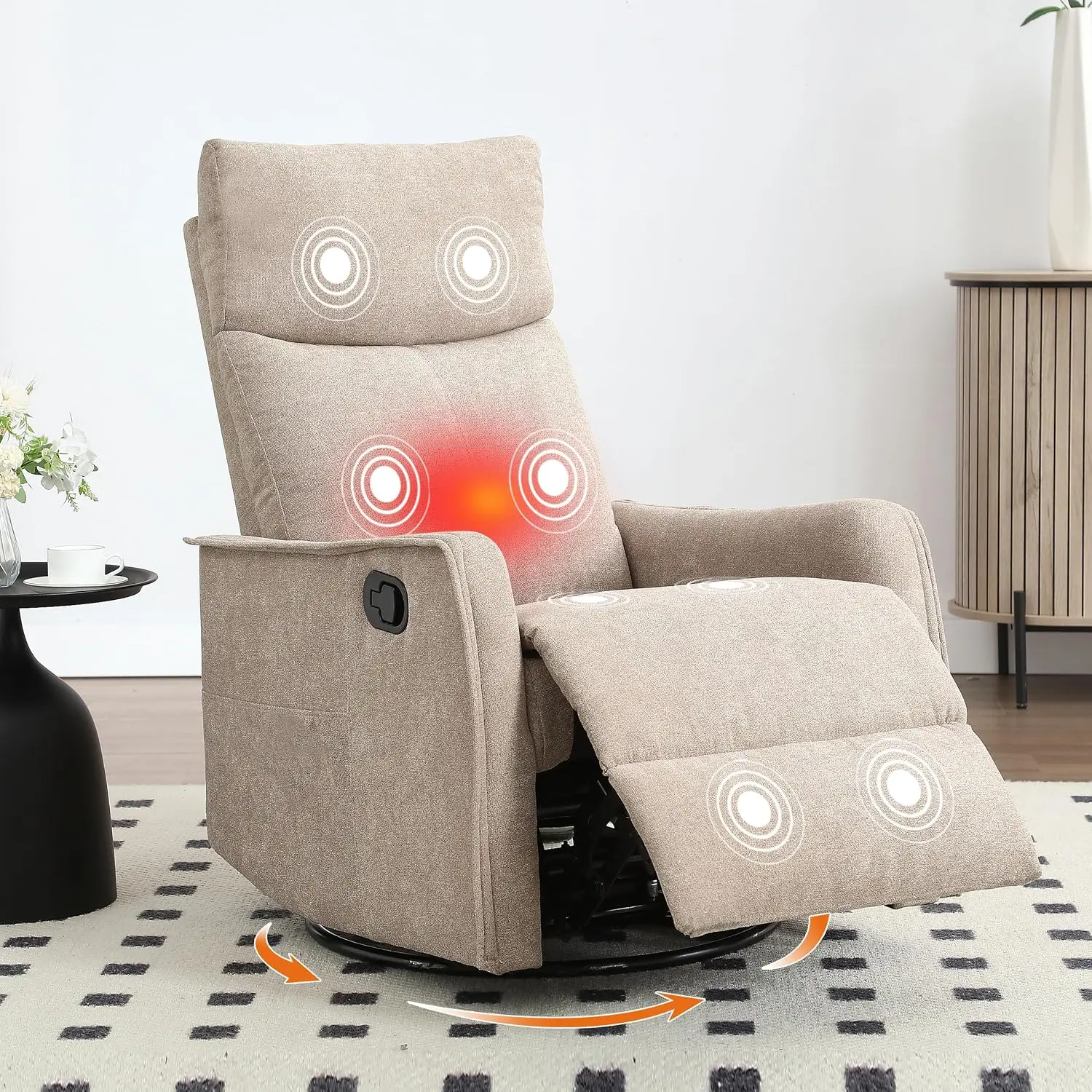 Manual 360° Swivel Rocker Recliner Chair, Overstuffed Nursery Glider with Massage & Heat, Soft Fabric Side Pockets, Khaki, Custo