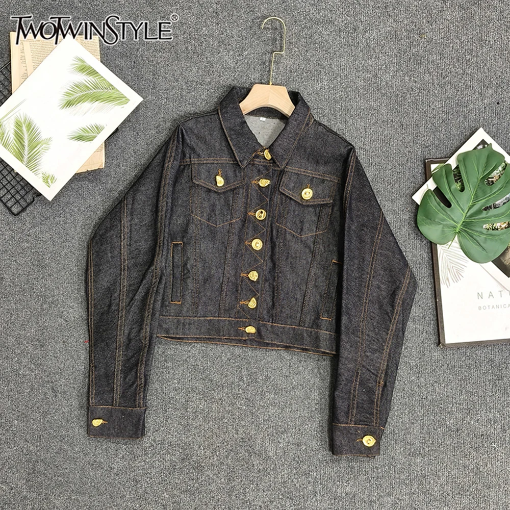 

TWOTWINSTYLE Casual Trend Denim Two Piece Sets For Women Lapel Long Sleeve Top High Waist Pants Temperament Set Female KJA539178