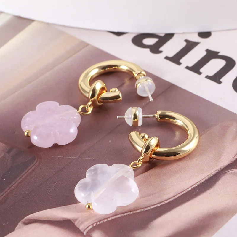 Fashion New Circel Natural Stone Rose Quartz Flower Charm Earrings Stainless Steel Gold Plated Ear Buckle Huggies Hoop Earring