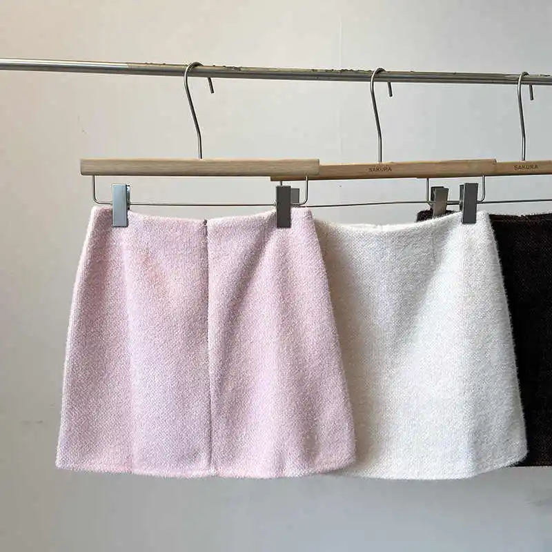 

Fashion Pink Woolen Half Skirt Autumn Winter Thickened Women's High Waist Slim Skirts Korean Female Zipper Mini Skirt