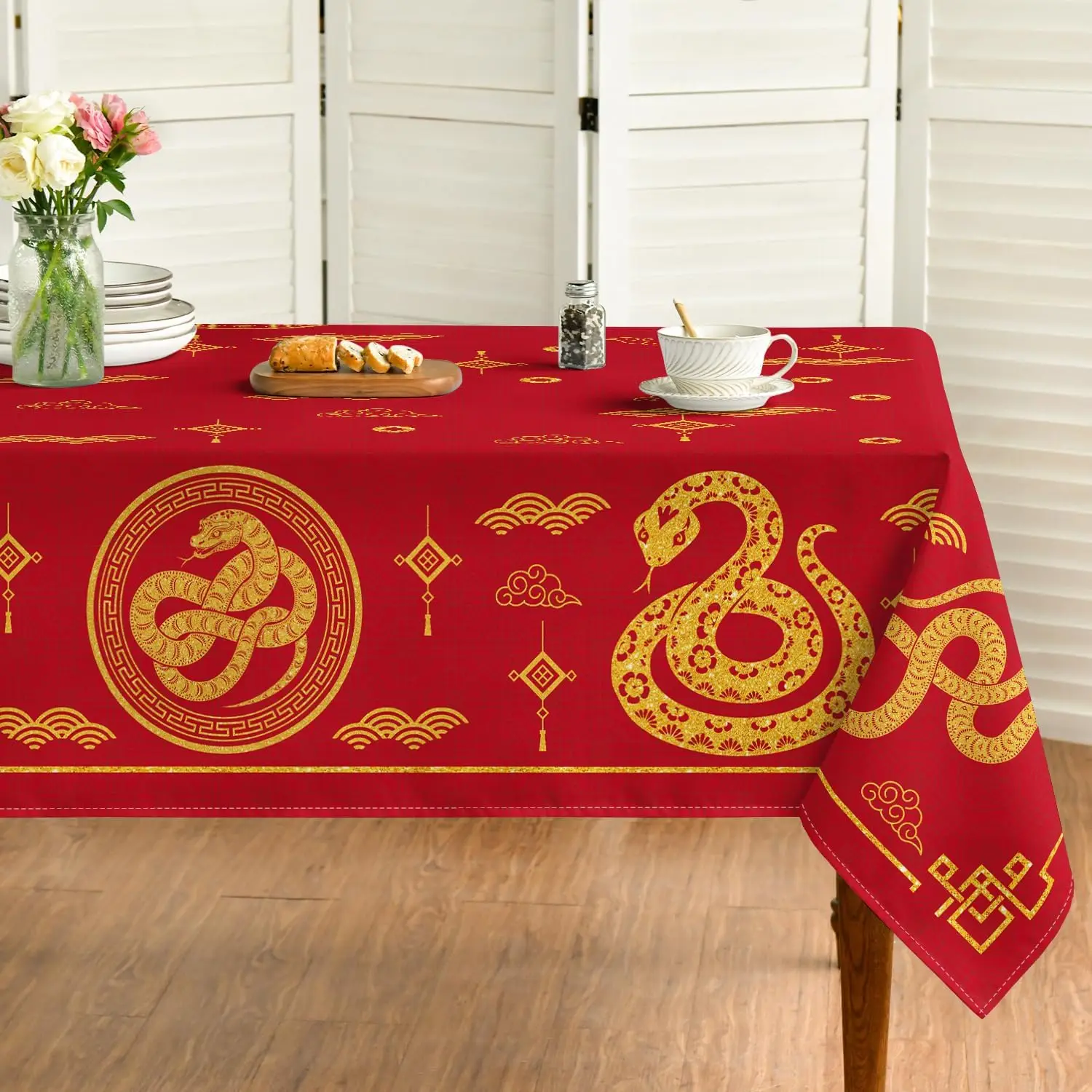 Chinese Snake Lunar New Year Rectangle Waterproof Tablecloth Party Decor Reusable Kitchen Dining Tablecloth New Year Decorations