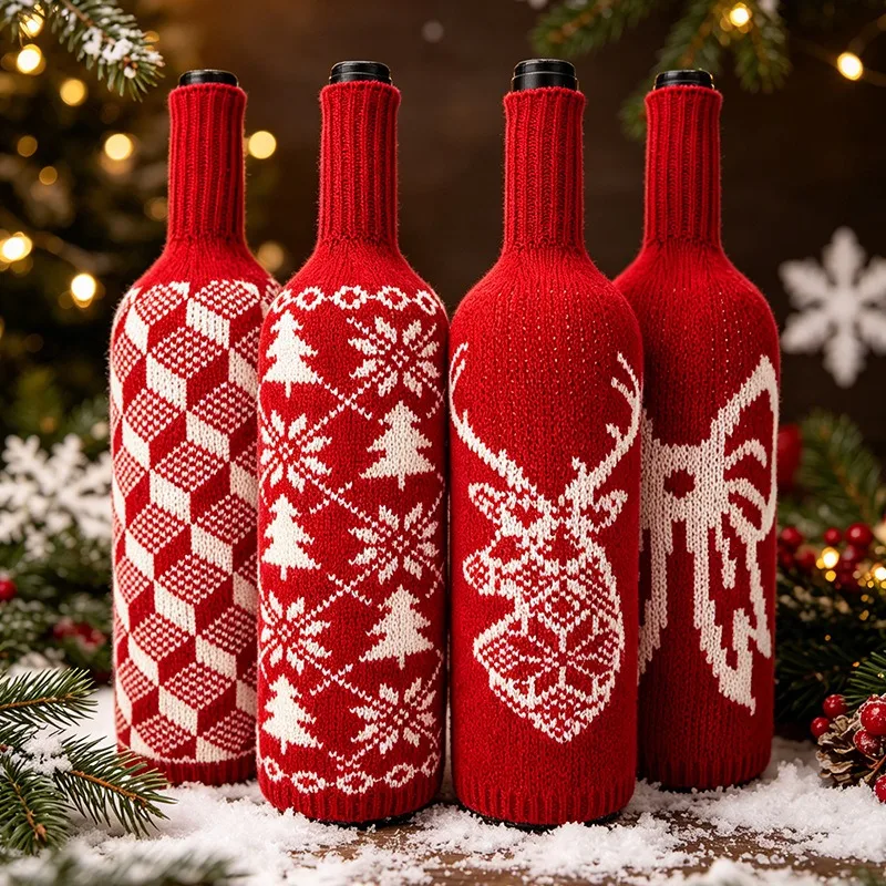 Christmas Wool Knit Wine Bottle Cover Red Wine Champagne Bag Drawstring Creative Wine Sleeve Dustproof Protector