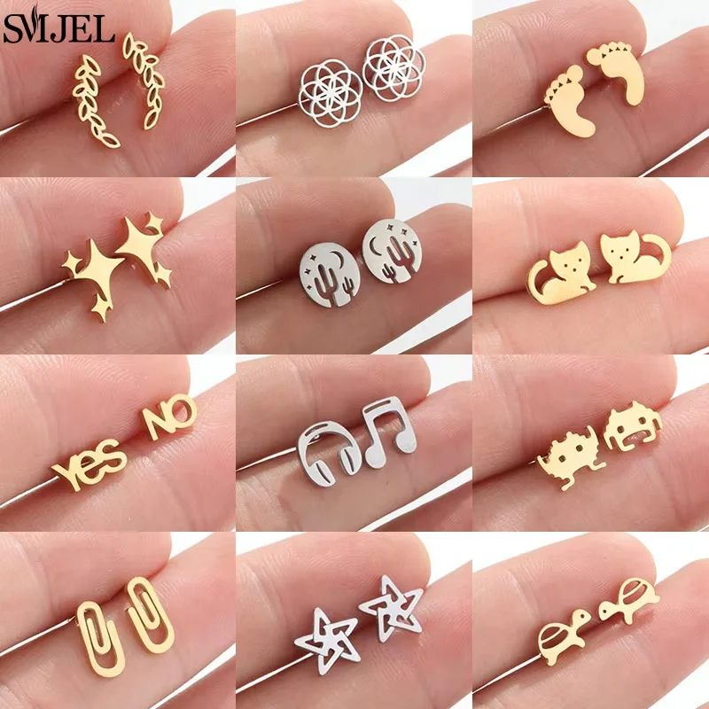 Golden Stainless Steel Mini Stud Earrings Leaf Star Tortoise Safety Pin Cartilage Ear Piercing Jewelry Cute Bowknot Mouse Studs