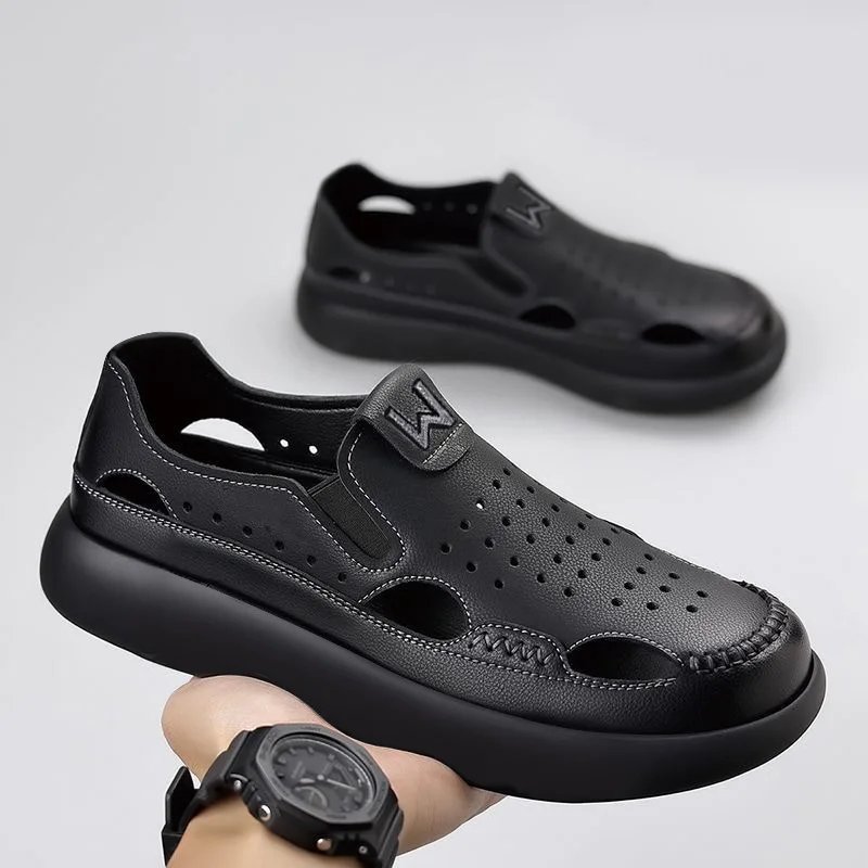 Leather Men's Sandals Breathable Hollow out Casual Shoes for Middle-Aged And Elderly Fathers And Grandfathers Slip-On Soft Bo...