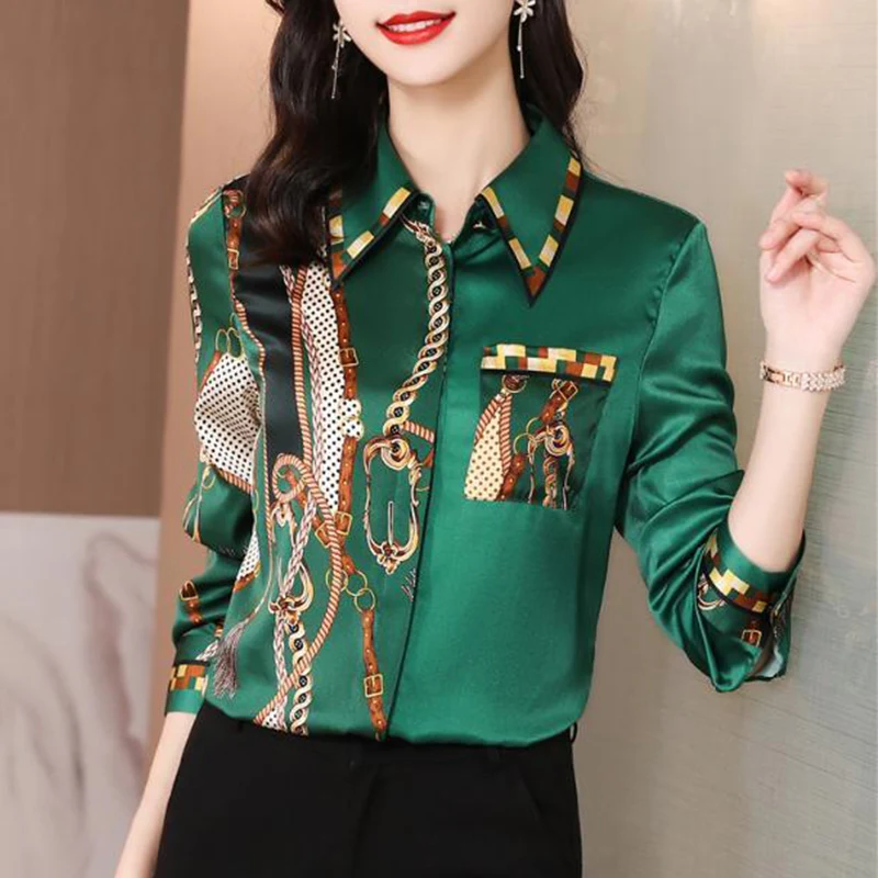 2022 Spring Women Korean New Patchwork Printed Satin Blouses Vintage Elegant Fashion Office Lady Shirts Casual Long Sleeved Tops