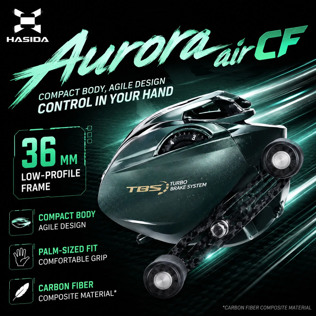 Carrete de Pesca HASIDA Aurora airCF Carbon BFS, con Rodamientos NMB SIC, 109G, Freno Magnético de Suspensión 3D, Relación 8.1:1, Potencia de Arrastre de 4KG