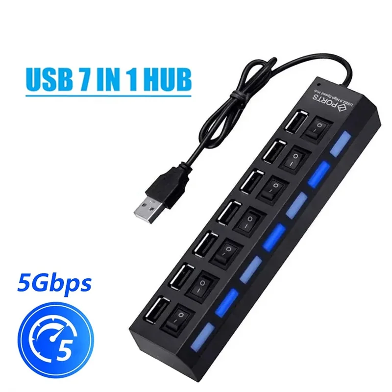 USB HUB 7 Port Multiple Expander With ON/OFF LED Switch Extension Hub Multi USB Splitter 7ports Adapter For Computer Accessories