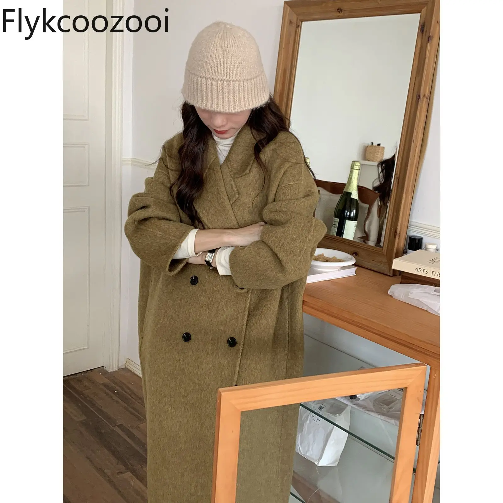 Fashion Brown Green Double Breasted Jackets Women's New Autumn and Winter Retro Medium Long Senior Feeling Woolen Coat