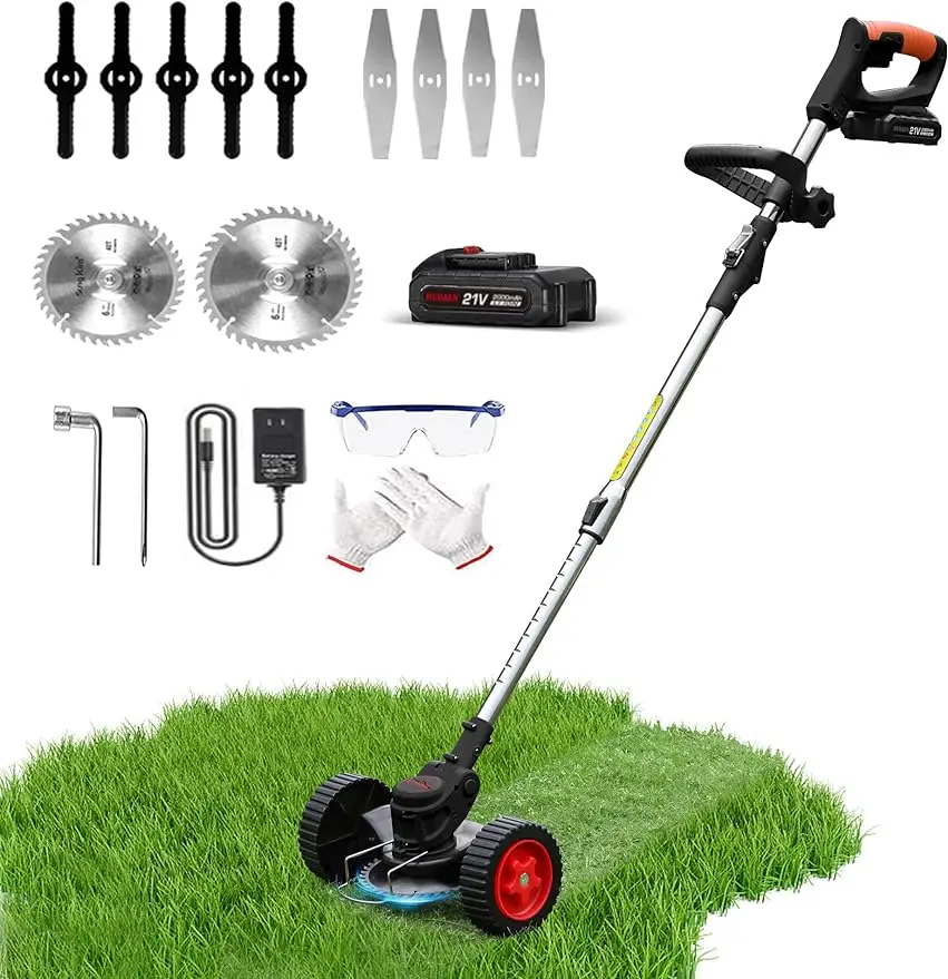 

21V Cordless Grass Trimmer Weed Wacker with 2.0Ah Battery, 3-in-1 String Trimmer Lawn Edger for Garden and Yard with Wheel