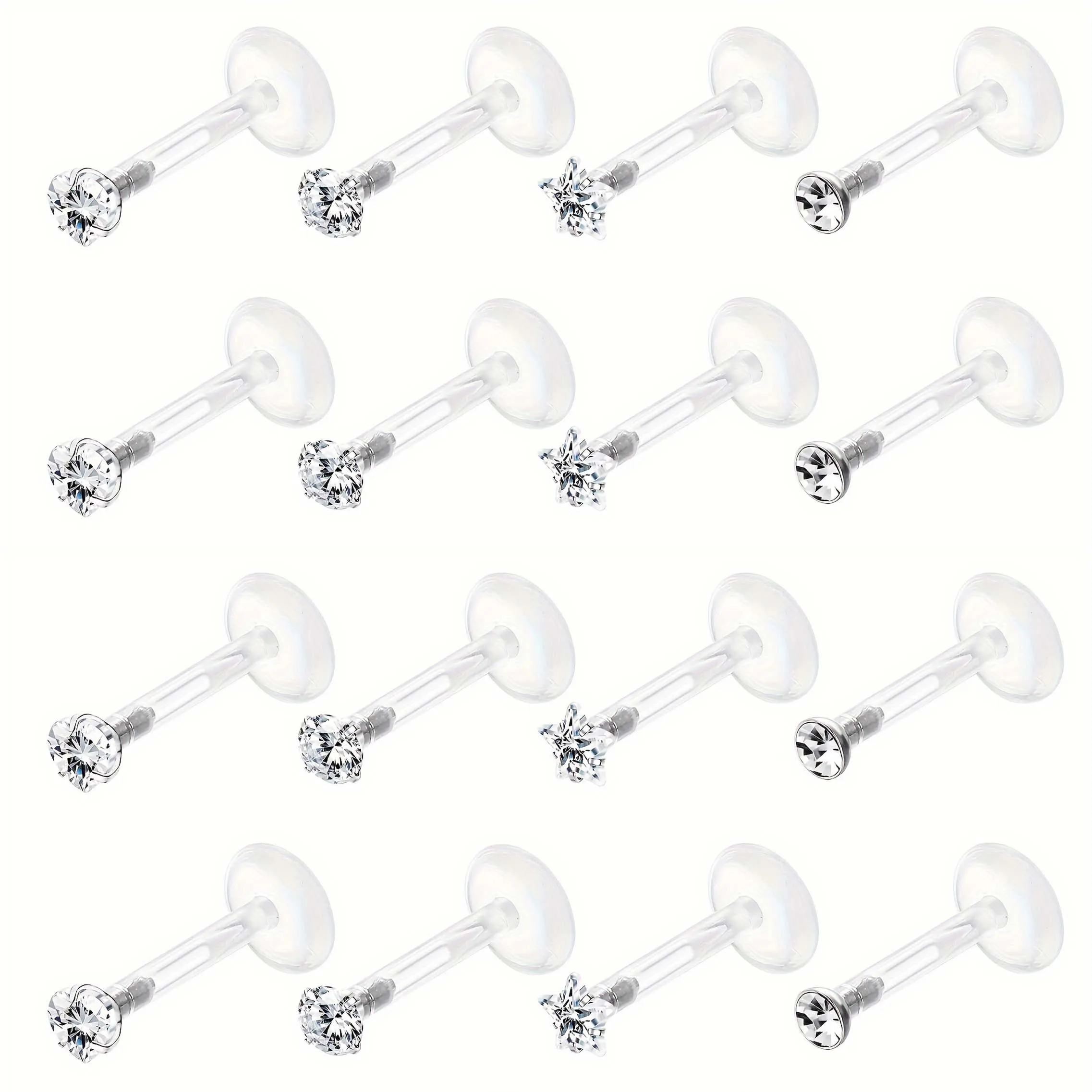 8 Pairs Of Acrylic Cartilage Tragus Earrings Lip Stud Nail Ring Set Inlaid White CZ Barbell Body Piercing Jewelry 6mm 8mm 10mm