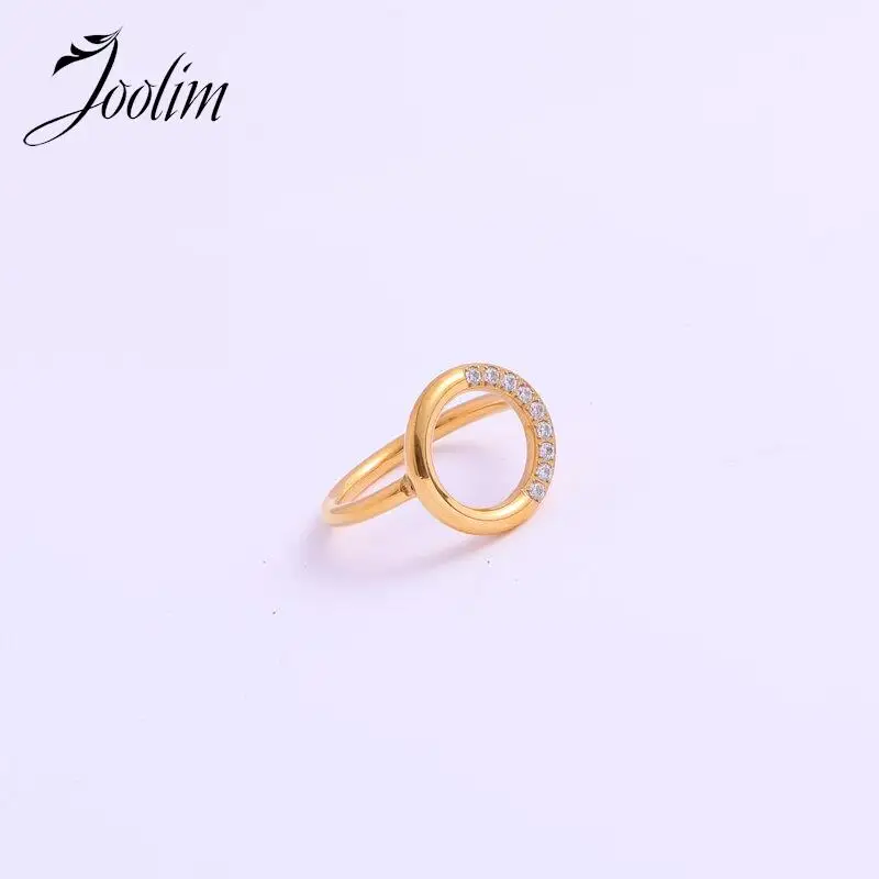 

Joolim Jewelry High End PVD Waterproof Dainty Personality Geometric Round With Fine Drill Stainless Steel Finger Ring for Women