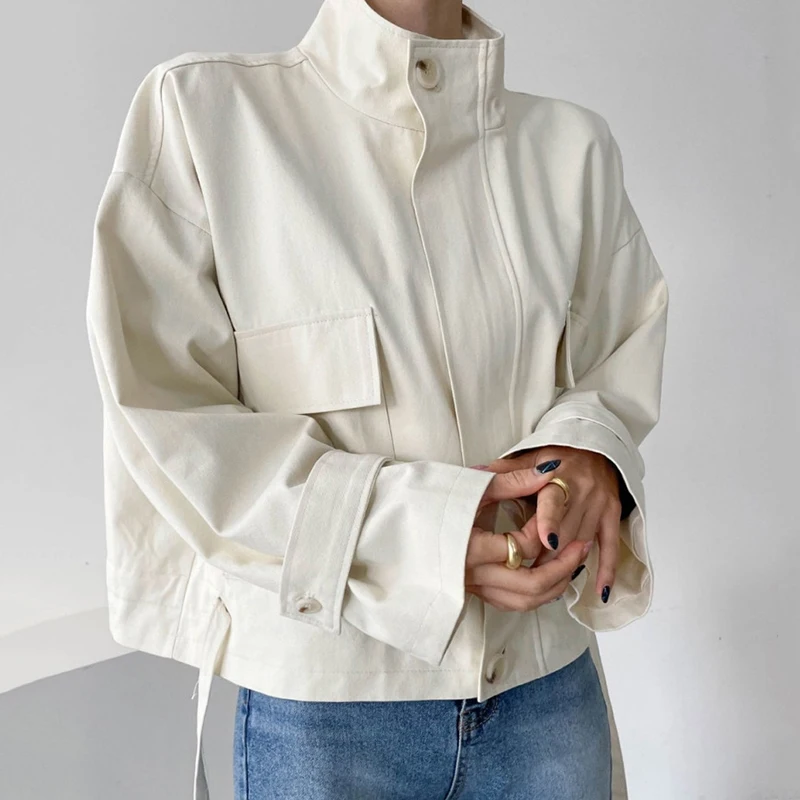

Chic Autumn Outerwear Women's Vintage Stand Collar Zipper Loose Large Jacket Design Long Sleeve Workwear Jacket Short Top