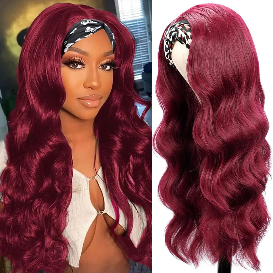 

99J Burgundy Headband Wig Human Hair Body Wave Red Colored Wigs Put On & Go Glueless Full Machine Made Human Hair Wigs