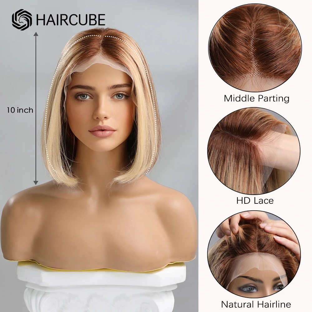 HAIRCUBE Short Bob Human Hair Wigs Blonde Highlight 13x1 Lace Front Wig Mixed Brown Remy Heat Resistant Straight Wigs for Women