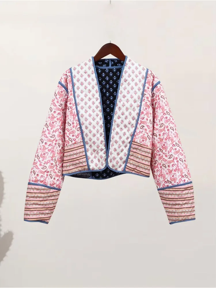 

HH женское пальто с цветочным принтом, стеганое двустороннее пальто с длинными рукавами и открытой передней частью, куртки «два в одном», осенняя винтажная уличная одежда