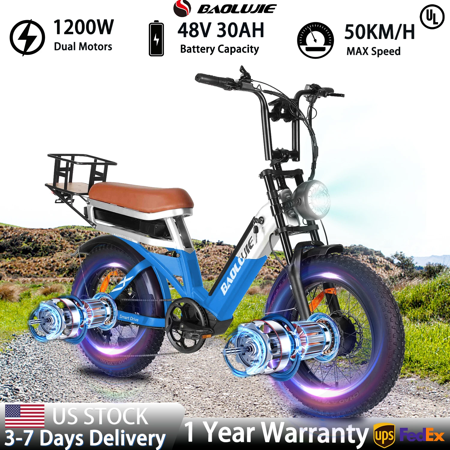 【1 Year Warranty】BAOLUJIE 2033 Adults Electric Bike 2000W Ebike Dual Motor Bicycle 48V30AH E Bike Mountain Moped Ebikes off-road