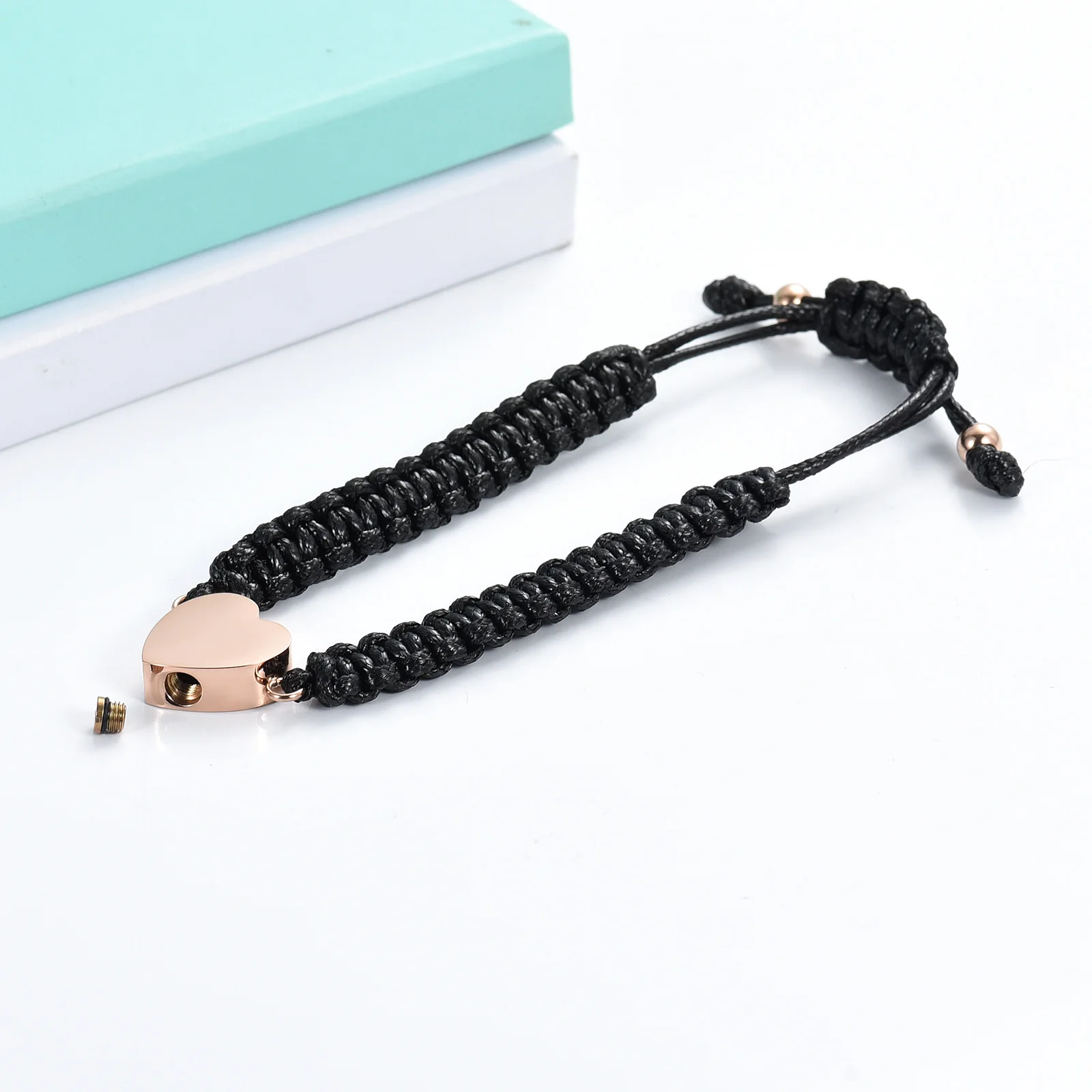 Heart Shape Urn Bracelet for Human/Pet Ashes Black Braided Rope Adjustable Bangle Keepsake Memorial Jewelry