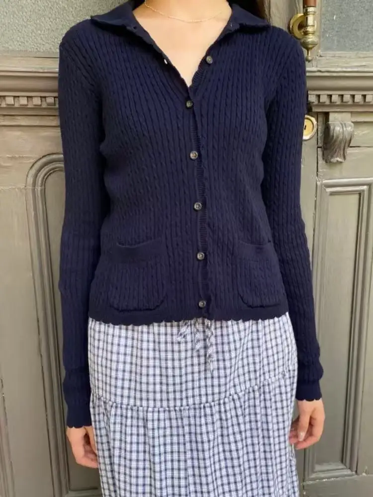 البحرية Twsit جيب كابل سليم سترة قصيرة سترة المرأة الدانتيل تقليم بيتر بان طوق بسيط عادية محبوك كم طويل ملابس خارجية #1